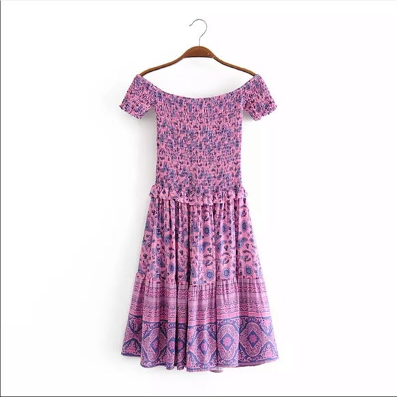 Off the Shoulder Boho Floral Print Dress Purple - Picture 7 of 9